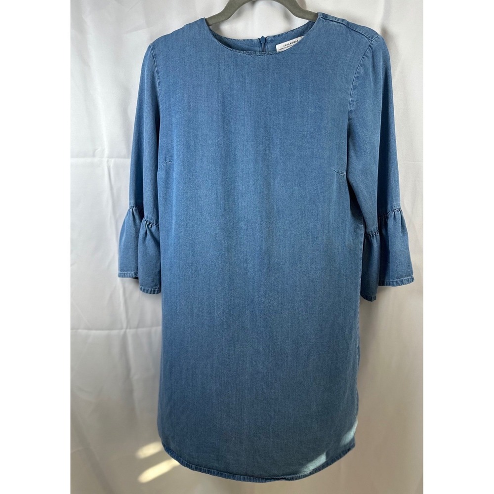 Zara Woman Premium Denim Collection Blue Lyocell Ruffle Bell Sleeve Dress S